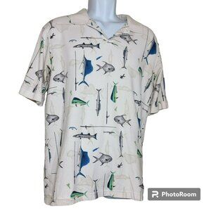 Columbia Polo Shirt, Men, L, White with Deep Sea Fishing Print, Cotton, EUC